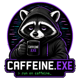 Caffeine.exe raccoon mascot logo with neon purple cyberpunk styling holding a coffee mug