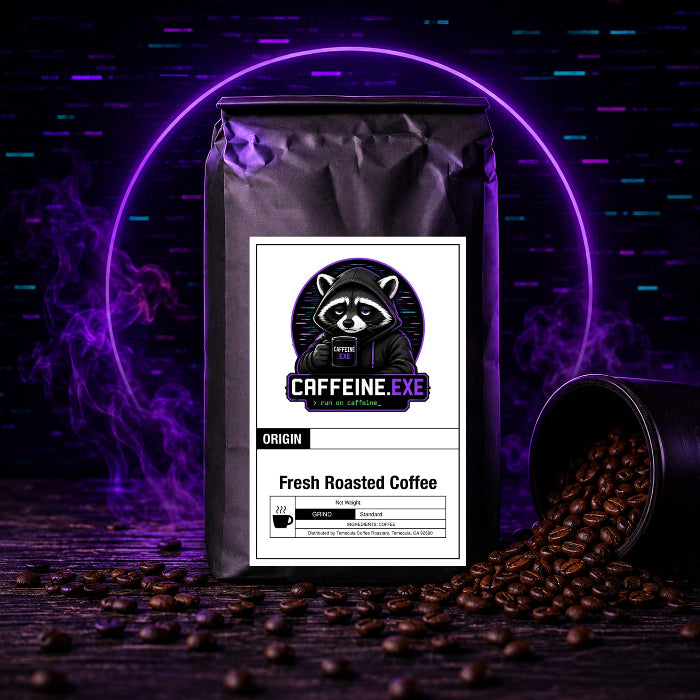 Fresh roasted Caffeine.exe specialty coffee bag with coffee beans and neon purple background