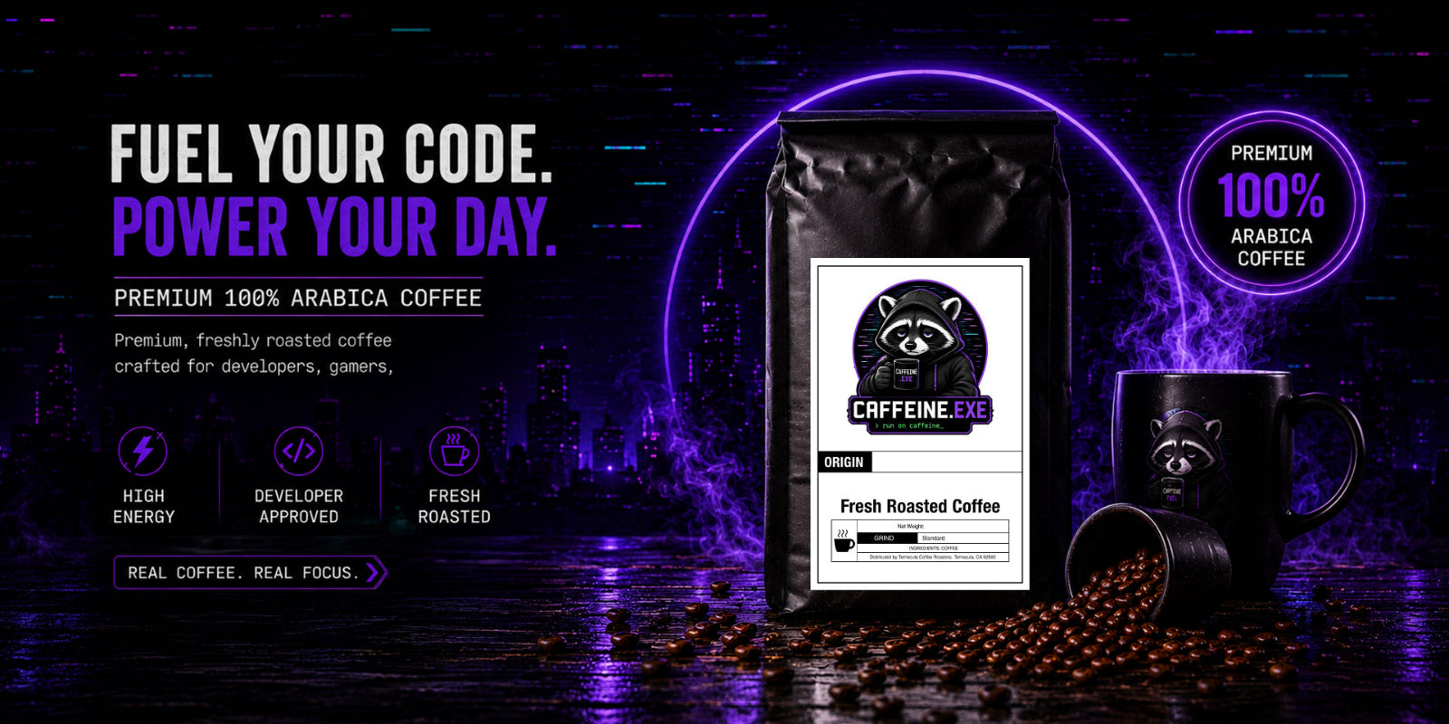 Fresh roasted Caffeine.exe Arabica coffee displayed with coffee mug and beans in neon purple city backdrop
