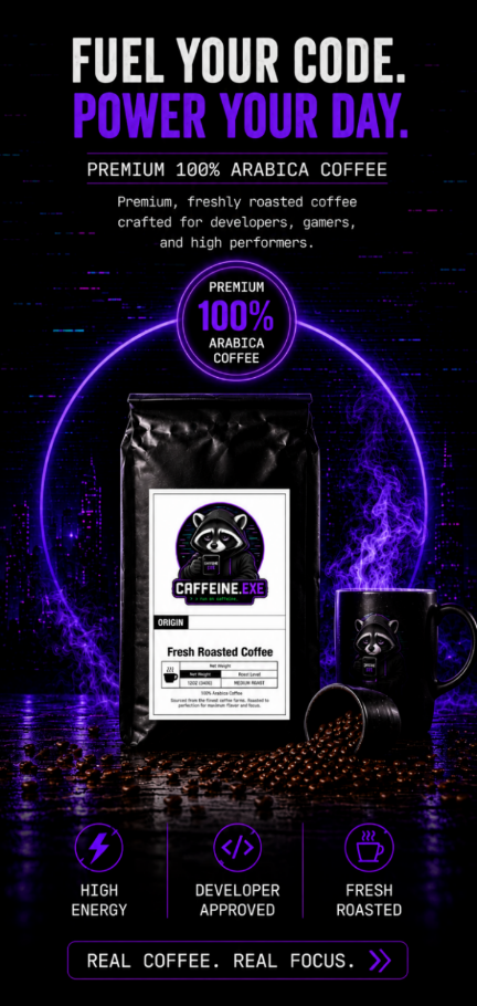 Fresh roasted Caffeine.exe Arabica coffee displayed with coffee mug and beans in neon purple city backdrop